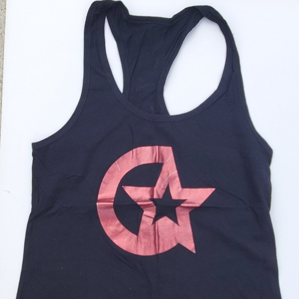 Cyclebar Black Racerback CycleStar tank, Size S, cotton/poly blend, red metallic